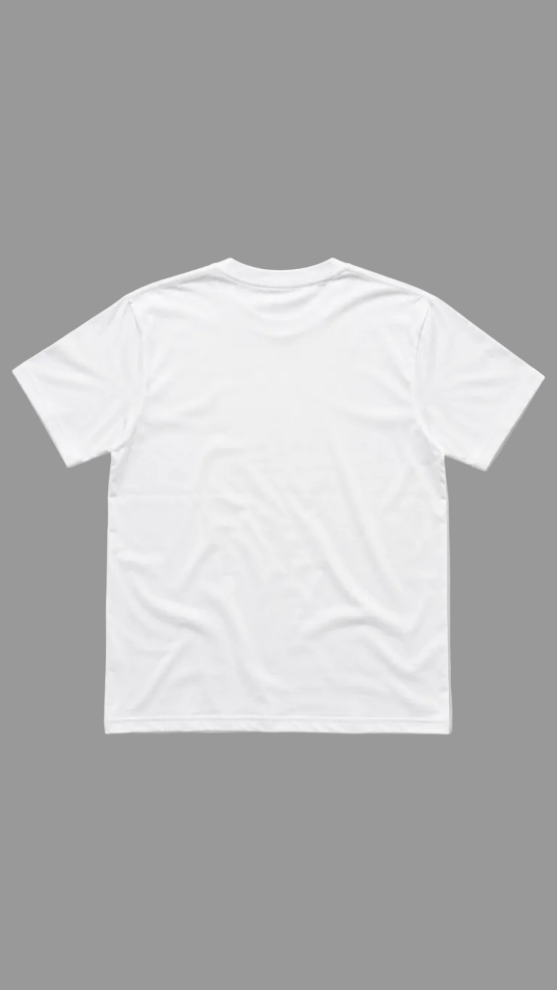 A plain white short-sleeve crewneck t-shirt shown from the back, laid flat against a neutral light gray background.