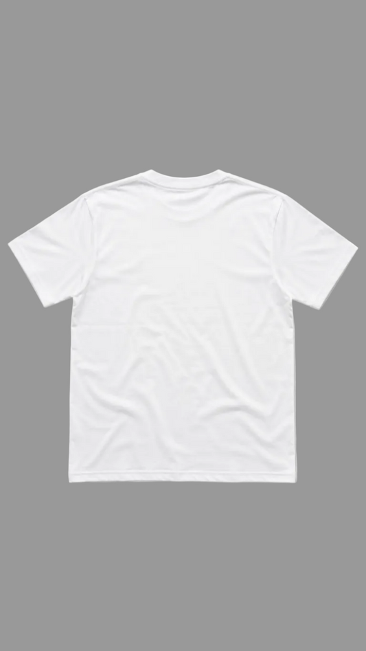 A plain white short-sleeve crewneck t-shirt shown from the back, laid flat against a neutral light gray background.
