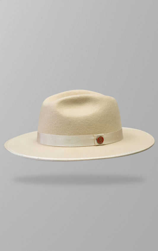 Classic wool flat brim fedora with color underlay, 3" bound grosgrain brim, and 100% fine Australian Wool.
