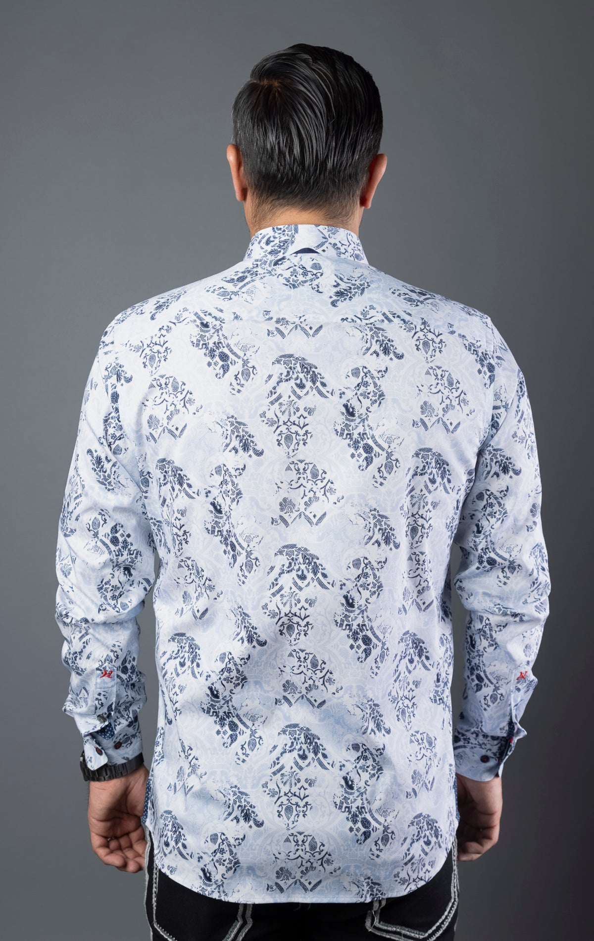 Men's casual dress shirt with 98% cotton and 2% spandex for optimum comfort, featuring contrasting patterns, sophisticated details, and Au Noir signature elements, including angled buttonhole, grouped buttons, embroidery detailing, and elegant ceramic button on the sleeve placket. Canadian owned and designed, machine washable, and modern-fit.