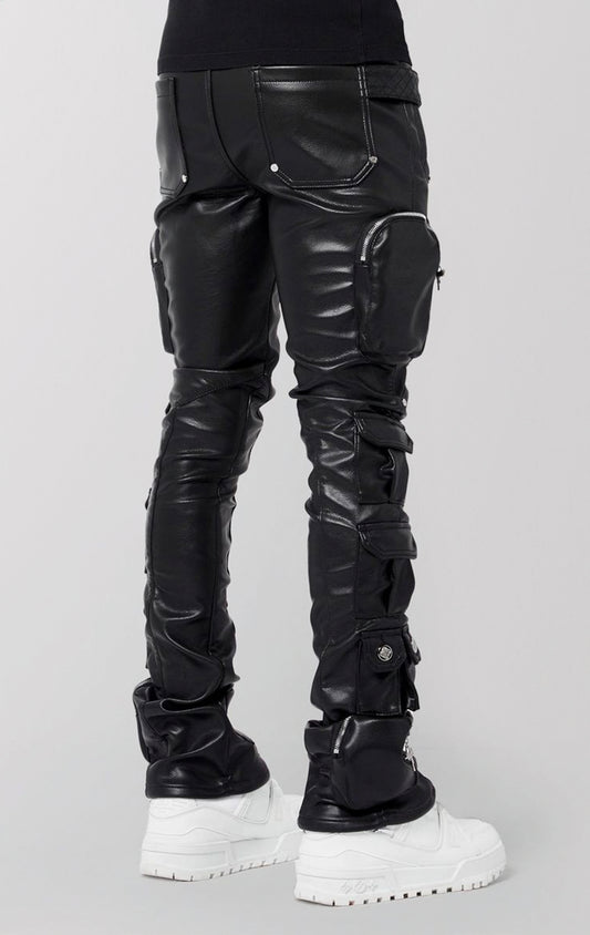 Slim-fit black faux leather cargo pants featuring 14 pockets, silver zippers, and quilted texture on the knees.