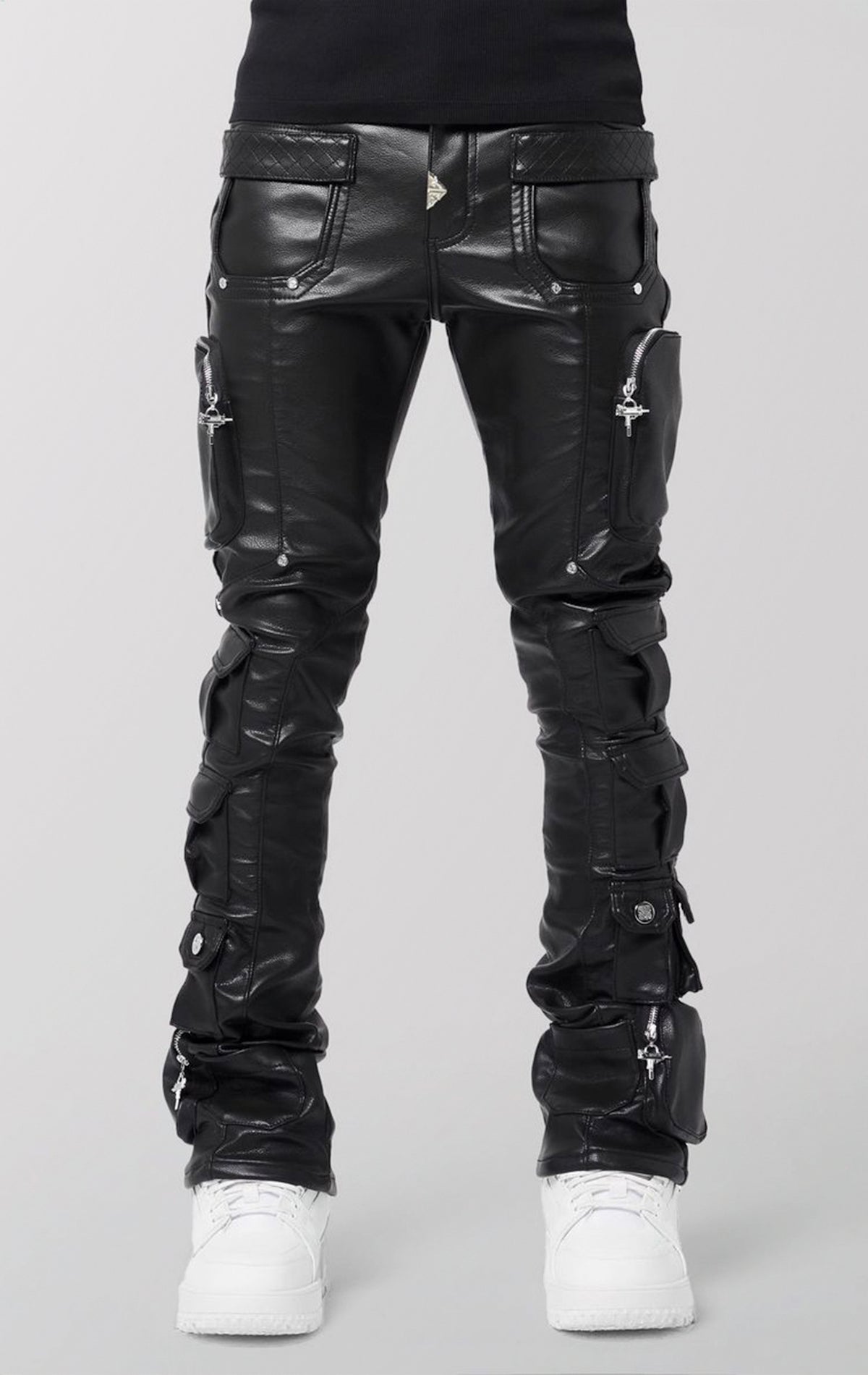 Slim-fit black faux leather cargo pants featuring 14 pockets, silver zippers, and quilted texture on the knees.