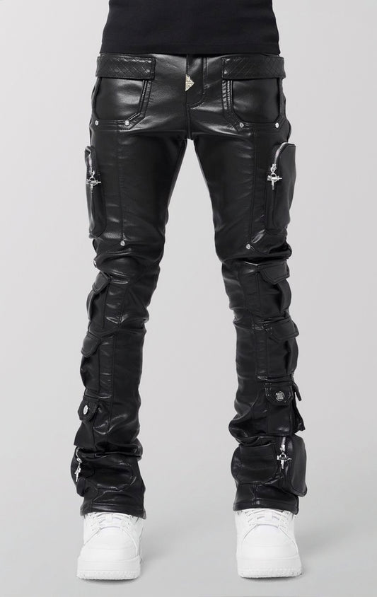 Slim-fit black faux leather cargo pants featuring 14 pockets, silver zippers, and quilted texture on the knees.