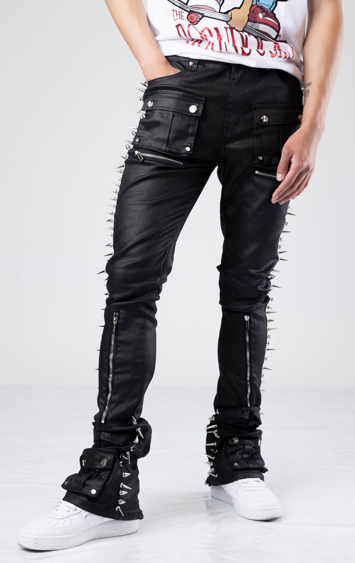 Obsidian black waxed spikes denim