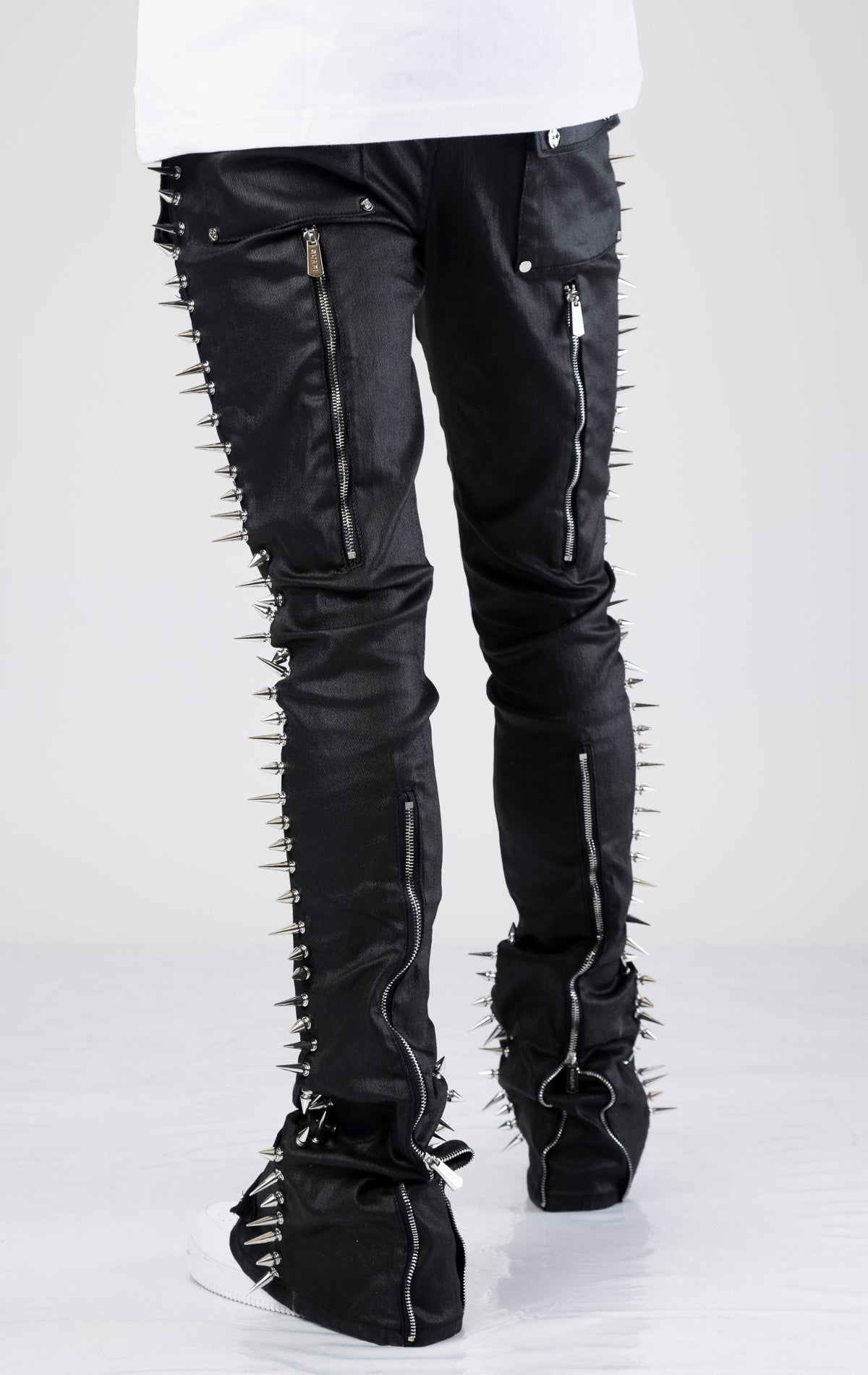 Obsidian black waxed spikes denim