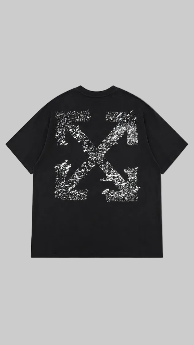 Black short-sleeve t-shirt shown from  back. The back features a large distressed white graphic, the Off-White 'X' arrow logo.