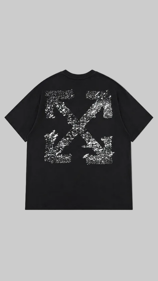 Black short-sleeve t-shirt shown from  back. The back features a large distressed white graphic, the Off-White 'X' arrow logo.