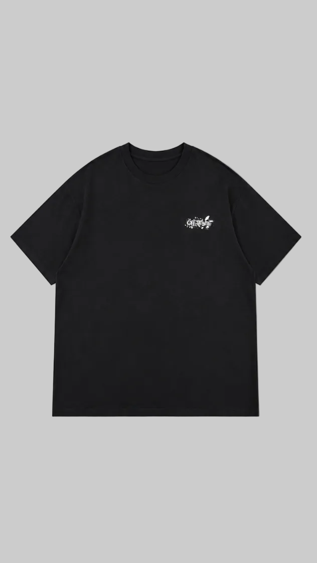 Black short-sleeve t-shirt shown from both front and back. The front features a small white script logo on the left chest.