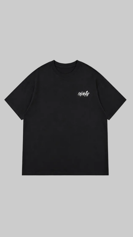 Black short-sleeve t-shirt shown from both front and back. The front features a small white script logo on the left chest.