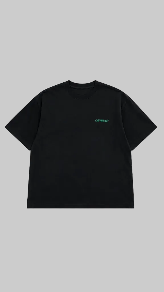 Black short-sleeve T-shirt shown from the front on a grey background. The front has a small green Off-White logo on the left side of chest