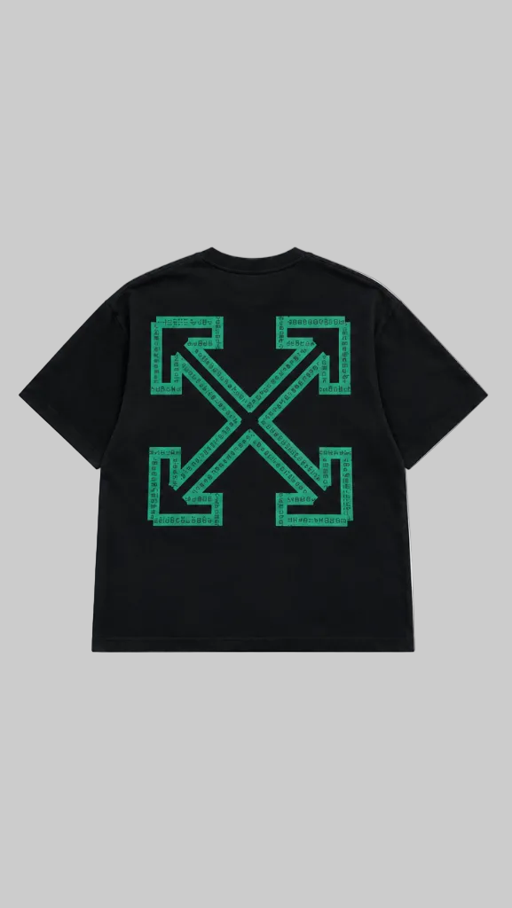 Black short-sleeve T-shirt shown from the back on a grey background. The back features a large green arrow cross graphic.
