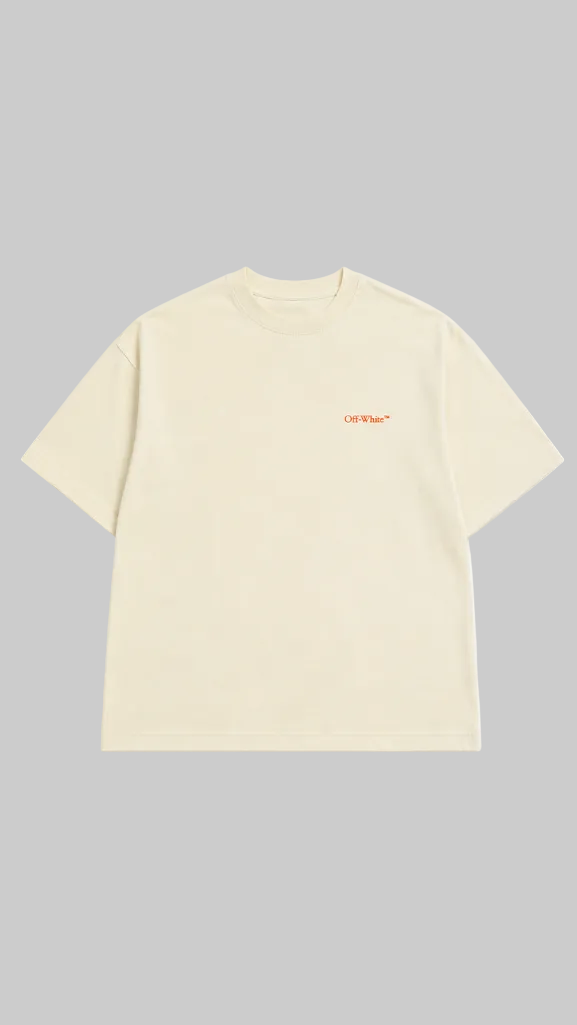 An off-white short-sleeve t-shirt shown from the front. The front features a small orange 'off-White' logo on the left chest