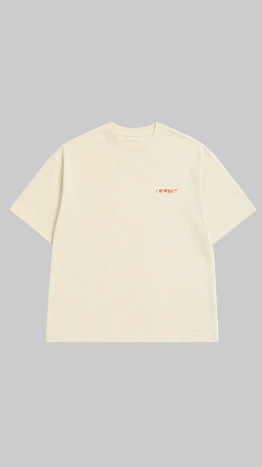 An off-white short-sleeve t-shirt shown from the front. The front features a small orange 'off-White' logo on the left chest