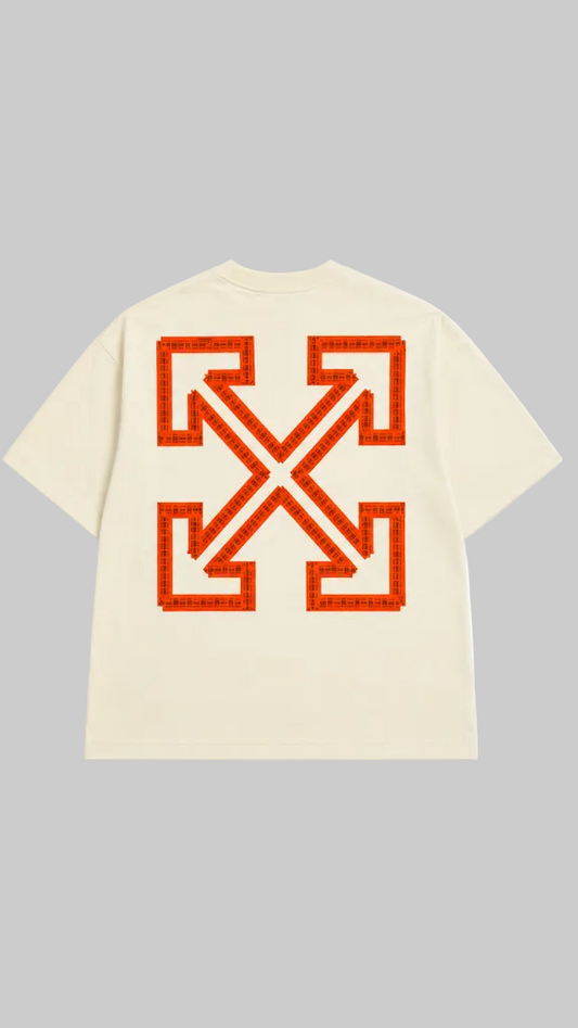 An off-white short-sleeve t-shirt shown from the back. The back displays a large orange cross-arrows logo.