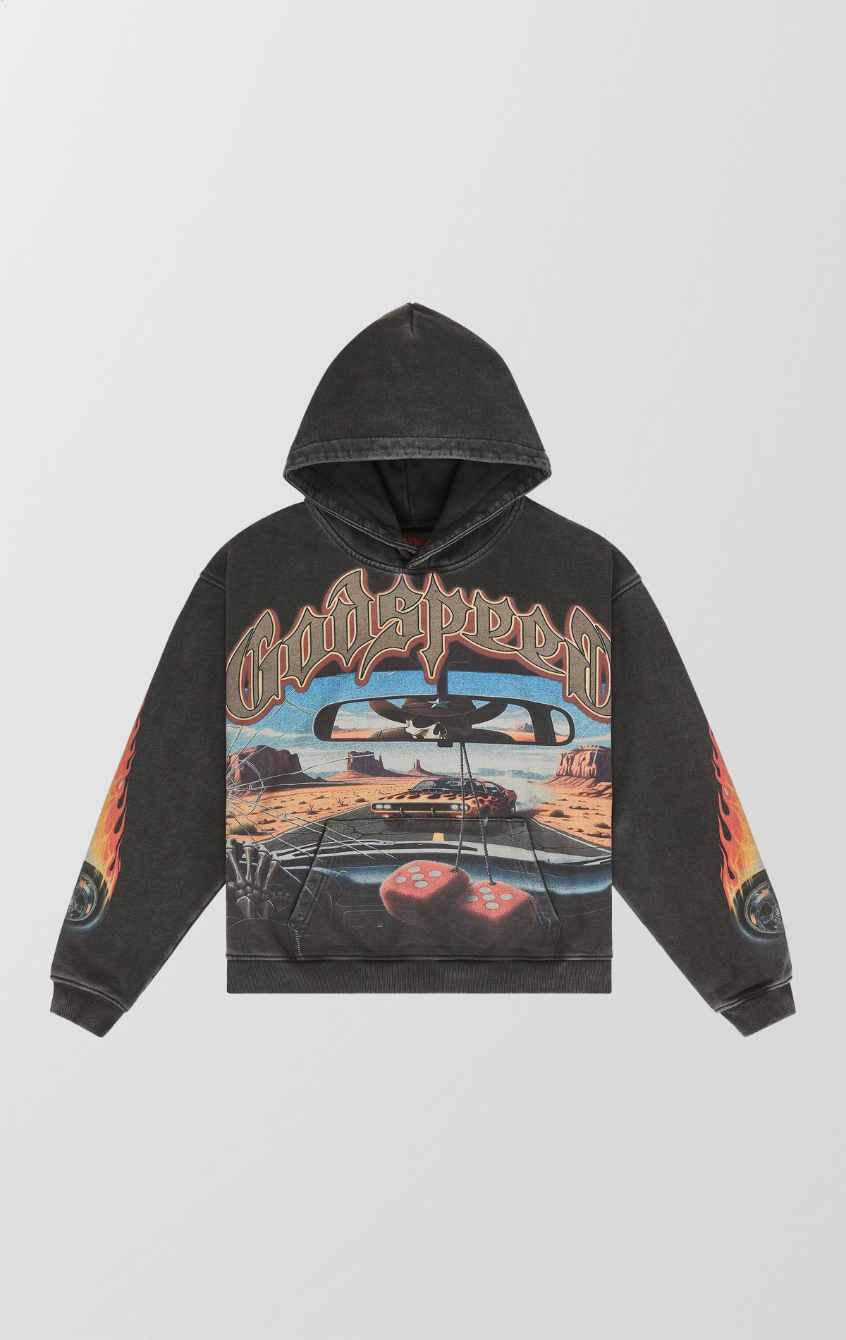 Vintage black wash Godspeed hoodie featuring a POV graphic of a cracked windshield, red fuzzy dice, and a muscle car on a desert highway. Sleeves feature flame and tire designs, and the back has a large G logo with desert scenery fill.