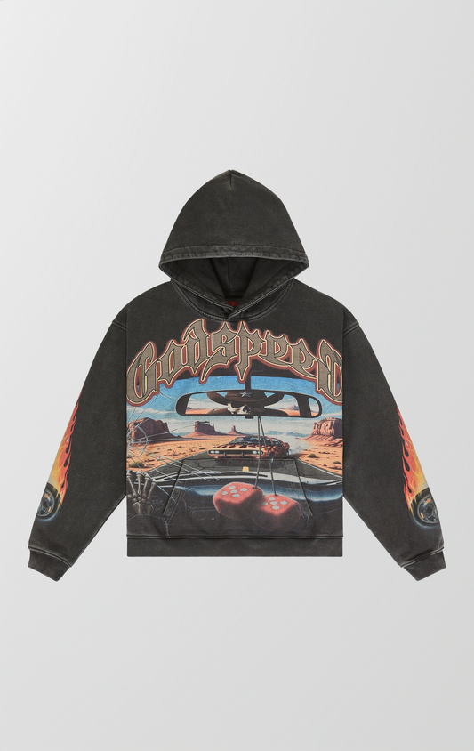 Vintage black wash Godspeed hoodie featuring a POV graphic of a cracked windshield, red fuzzy dice, and a muscle car on a desert highway. Sleeves feature flame and tire designs, and the back has a large G logo with desert scenery fill.
