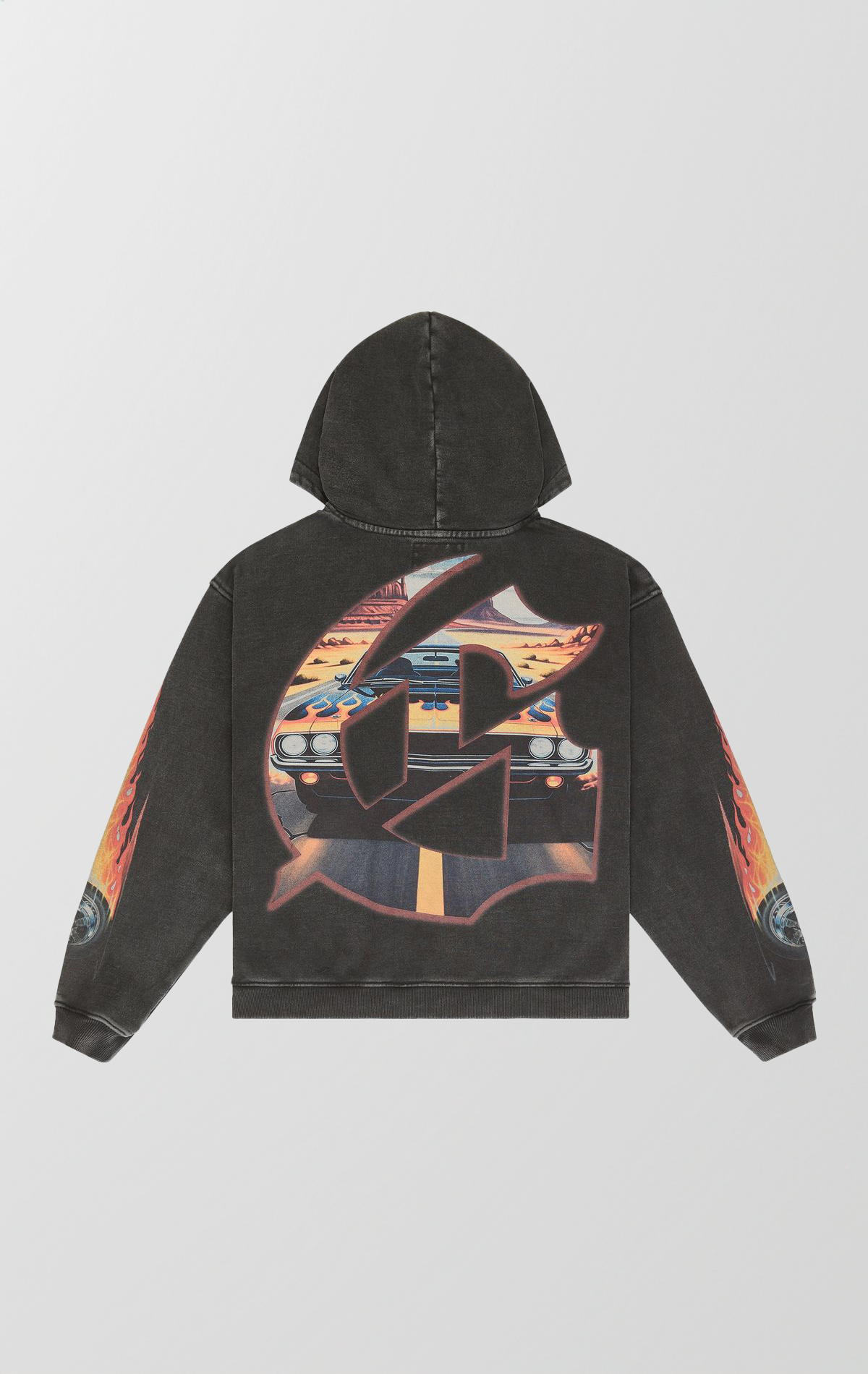 Vintage black wash Godspeed hoodie featuring a POV graphic of a cracked windshield, red fuzzy dice, and a muscle car on a desert highway. Sleeves feature flame and tire designs, and the back has a large G logo with desert scenery fill.