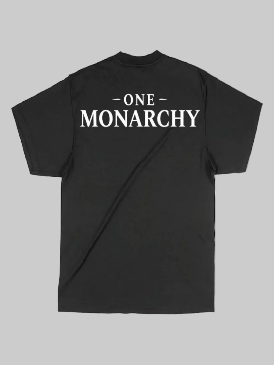 A black short-sleeve t-shirt shown from the back, featuring the words '- ONE - MONARCHY' printed in white serif lettering across the upper back.