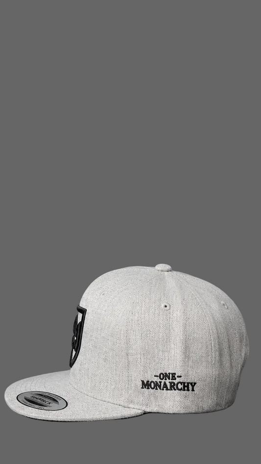A light gray heathered snapback cap with black embroidery reading 'ONE MONARCHY' on the front panel, shown against a solid gray background.