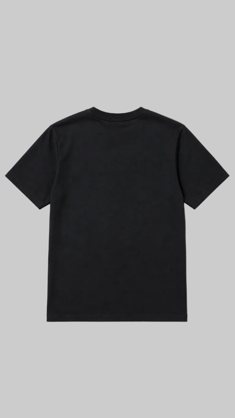 A plain black short-sleeve crewneck t-shirt shown from the back, laid flat against a light gray background.