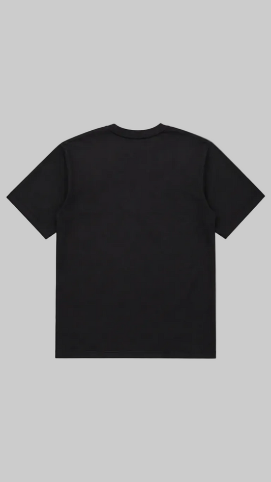 A black short-sleeve crewneck t-shirt shown from the back, laid flat against a light gray background.