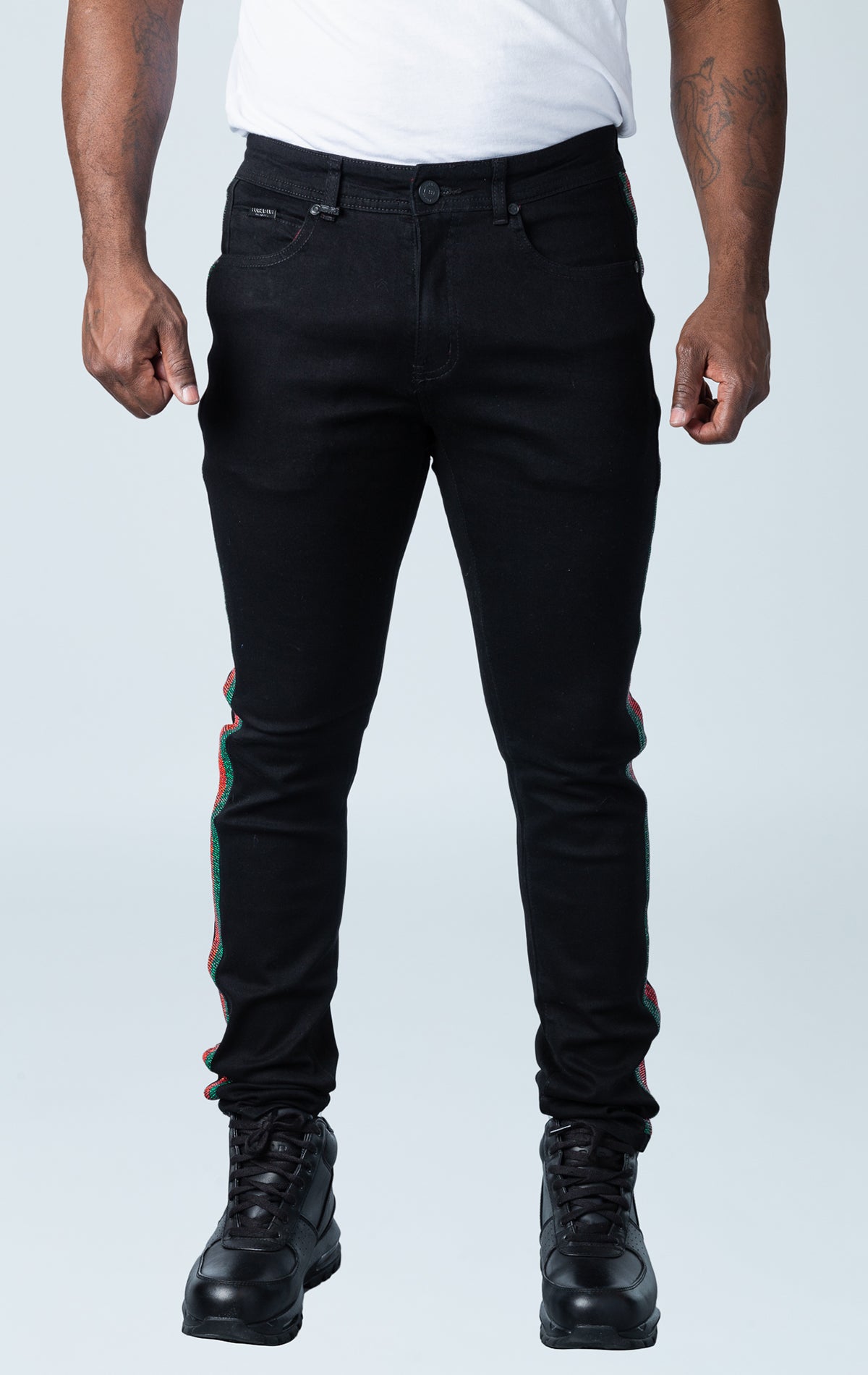 Men's green and red rhinestone jeans with slim fit and hand-placed rhinestone side lines.