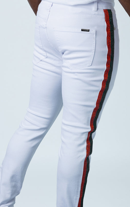 Men's green and red rhinestone jeans with slim fit and hand-placed rhinestone side lines.