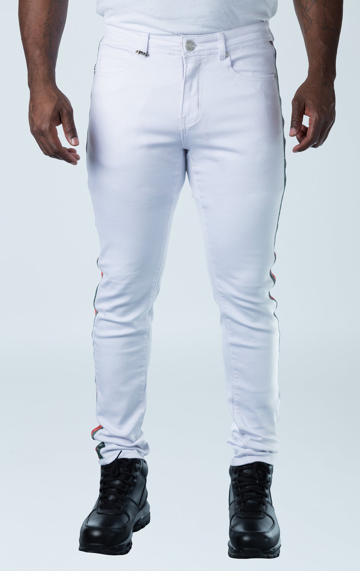 Men's green and red rhinestone jeans with slim fit and hand-placed rhinestone side lines.