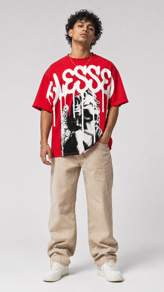 A model wearing a red "BLESSED" short-sleeve t-shirt with a large white and black graphic print, paired with beige corduroy pants and white sneakers, against a light gray studio background.