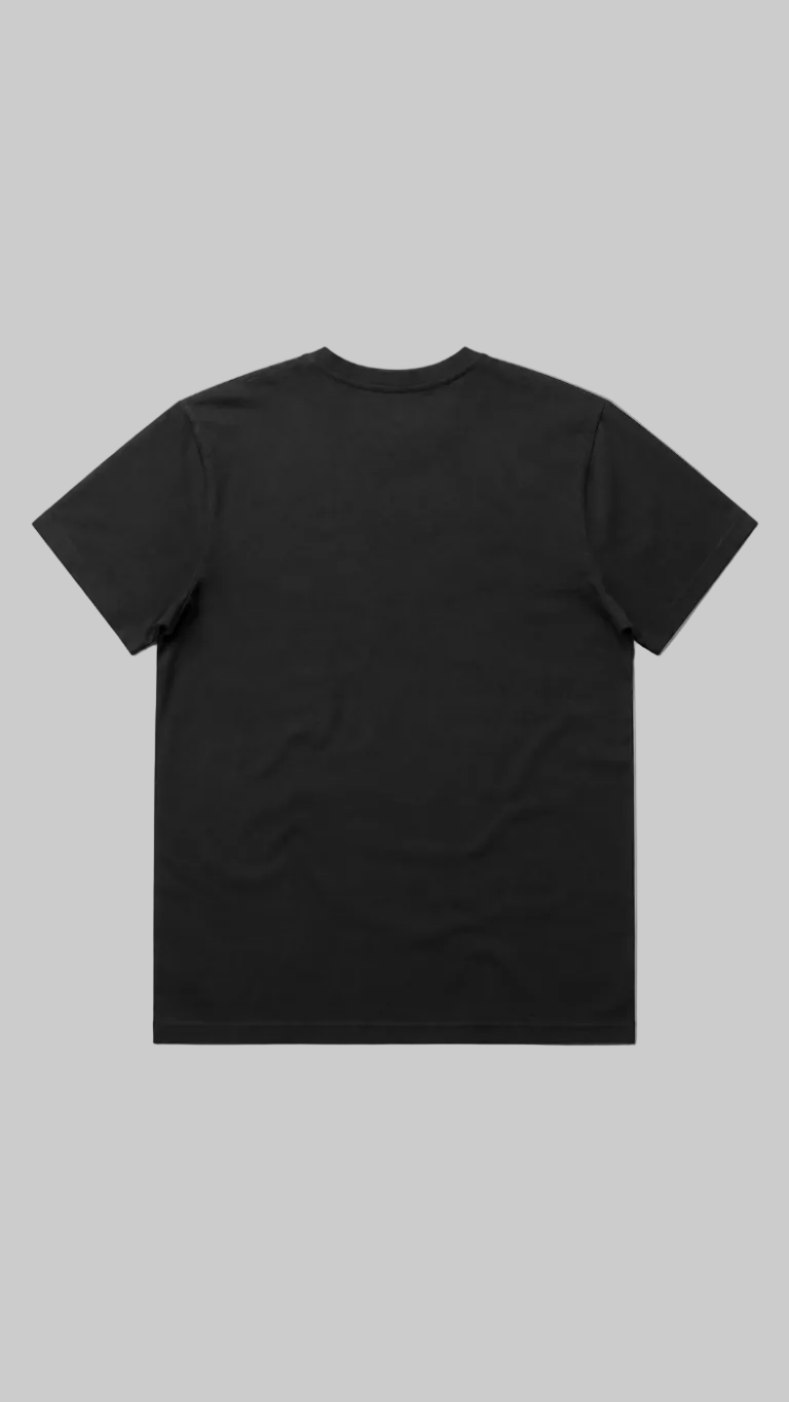A black short-sleeve crewneck t-shirt shown from the back, laid flat against a light gray background.
