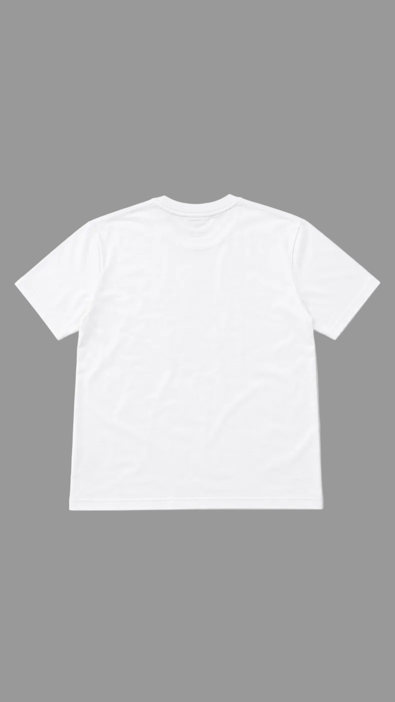 A plain white short-sleeve crewneck t-shirt shown from the back, laid flat against a neutral light gray background.