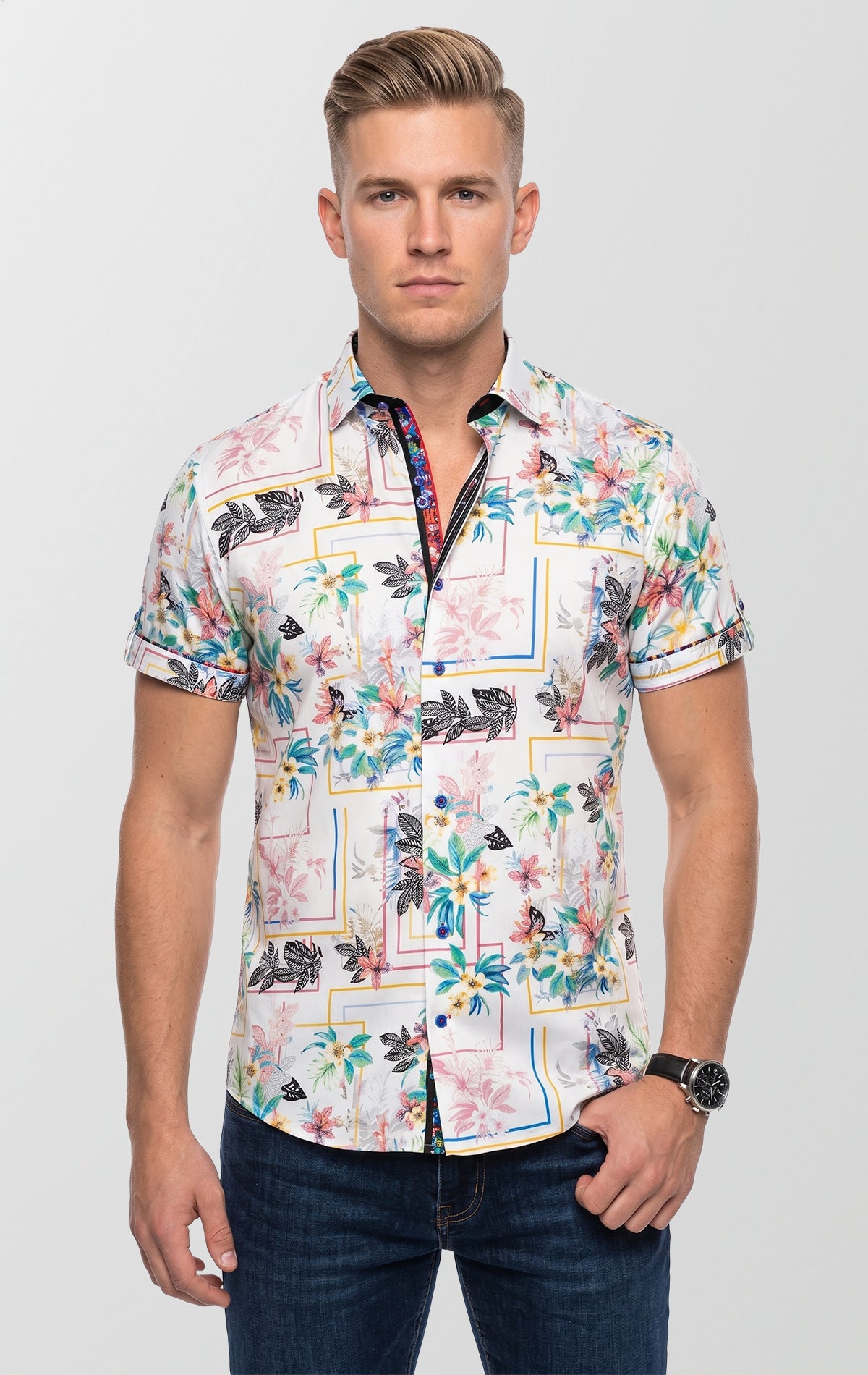 Premium Floral Stretch Short Sleeve Button Up Shirt