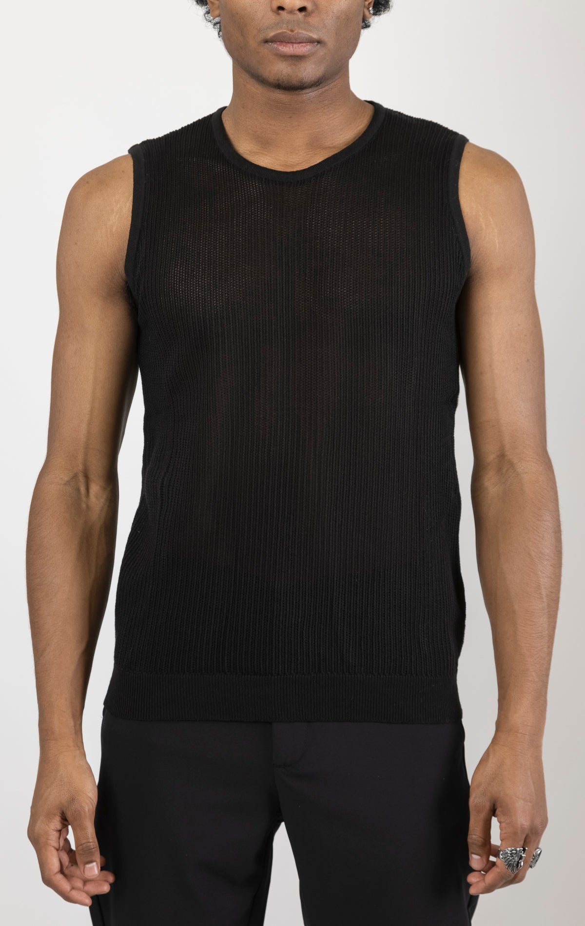 Men's crew neck mesh tank top in black. The tank top is made from a lightweight and breathable mesh fabric (50% cotton, 50% acrylic) and features a sleeveless construction and a tailored fit.