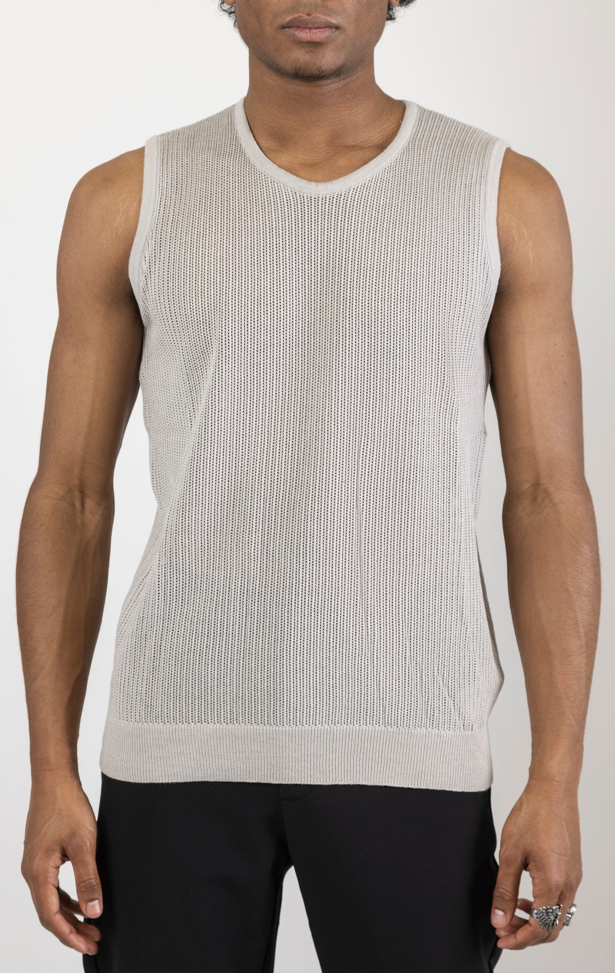 Men's crew neck mesh tank top in grey. The tank top is made from a lightweight and breathable mesh fabric (50% cotton, 50% acrylic) and features a sleeveless construction and a tailored fit.