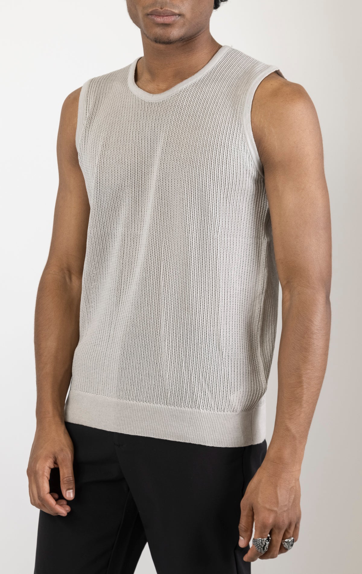 Men's crew neck mesh tank top in grey. The tank top is made from a lightweight and breathable mesh fabric (50% cotton, 50% acrylic) and features a sleeveless construction and a tailored fit.