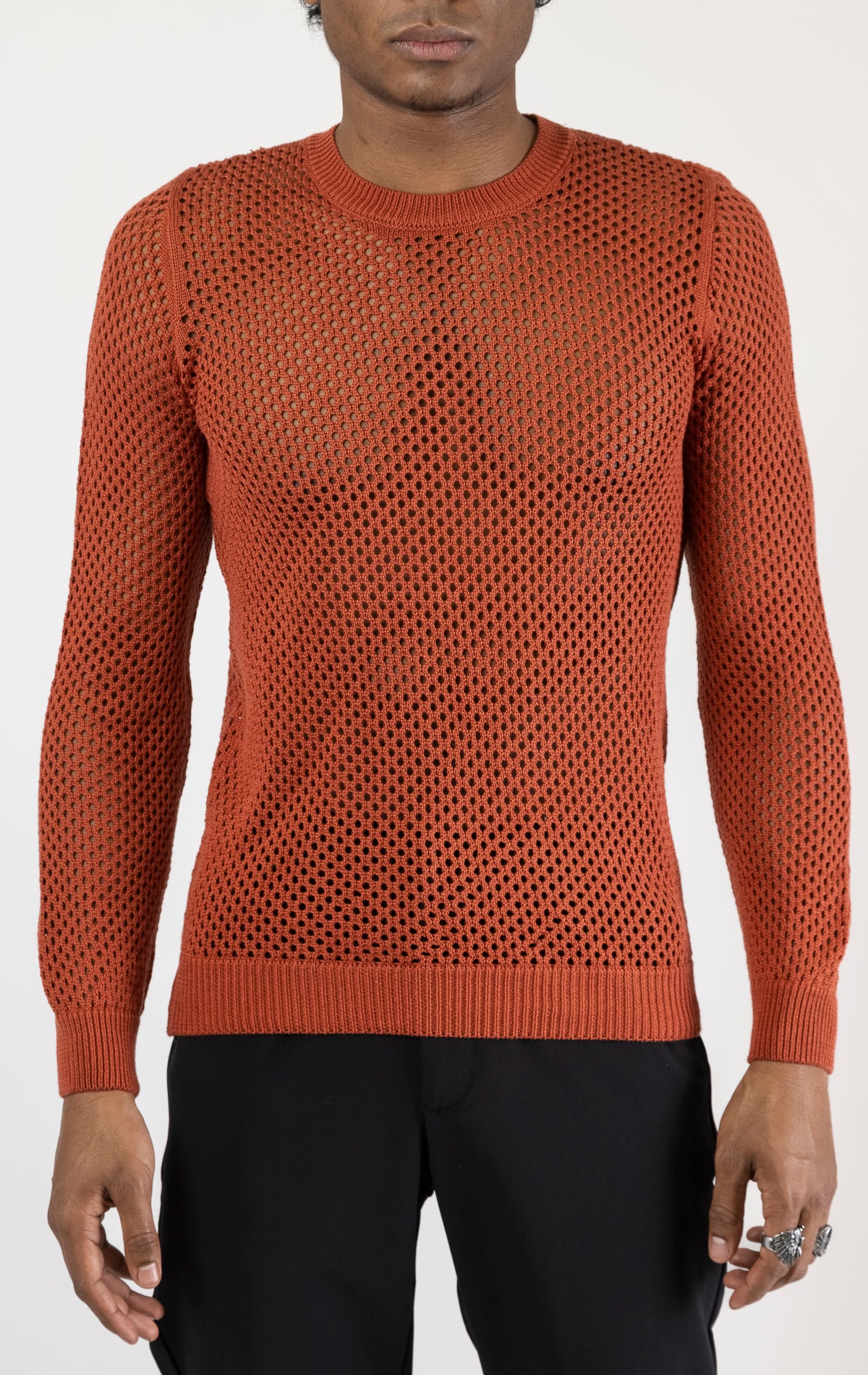 Men's see-through fishnet muscle fit shirt in copper. The shirt is made from a 50% cotton, 50% acrylic blend and features a muscle fit silhouette with a see-through fishnet fabric design.