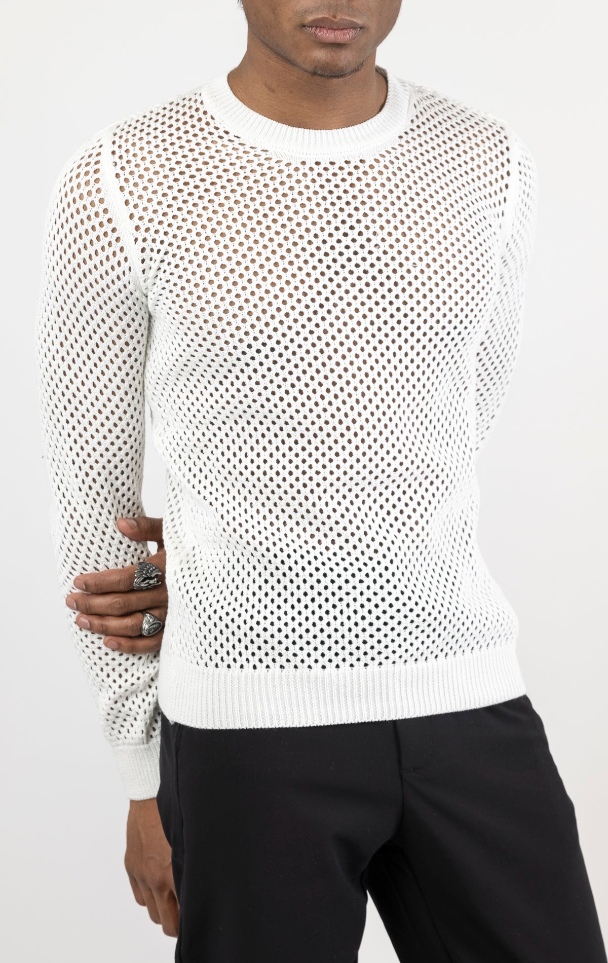 Men's see-through fishnet muscle fit shirt in white. The shirt is made from a 50% cotton, 50% acrylic blend and features a muscle fit silhouette with a see-through fishnet fabric design.