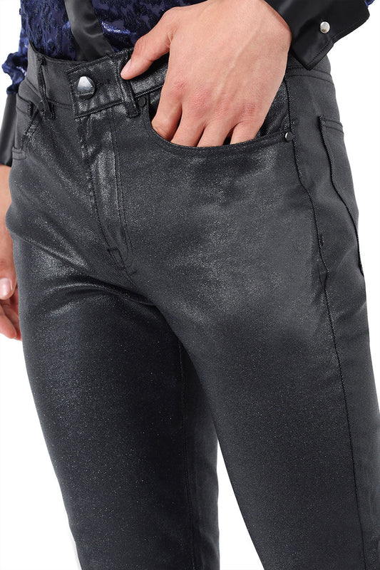 Men's gleaming dress pants with elastic waistband, shiny metallic finish, and added stretch.