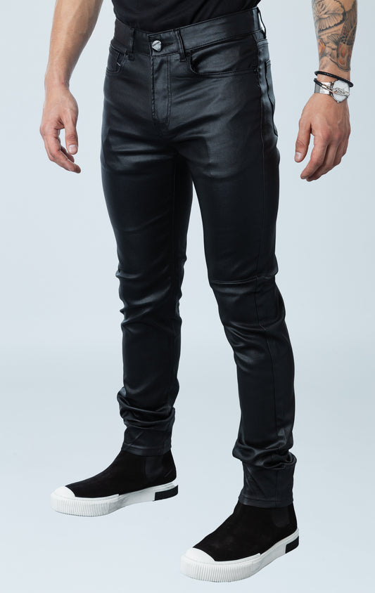 Men's gleaming dress pants with elastic waistband, shiny metallic finish, and added stretch.
