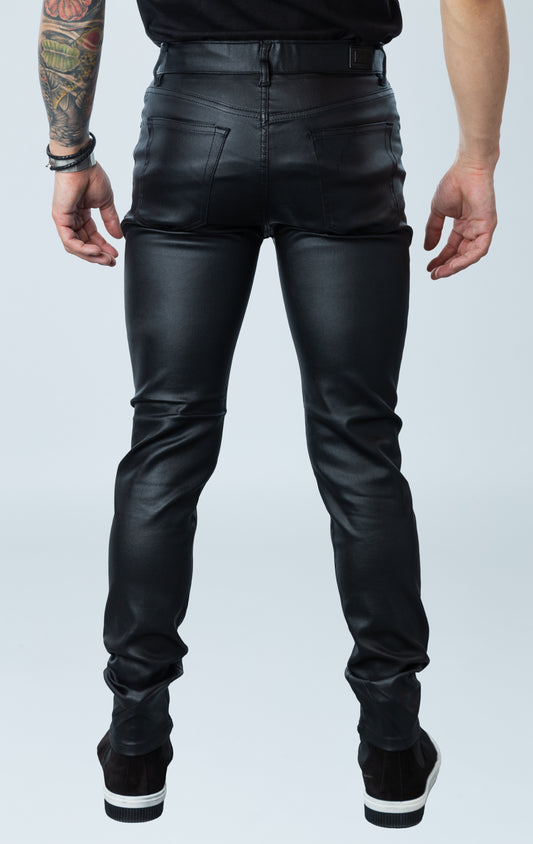 Men's gleaming dress pants with elastic waistband, shiny metallic finish, and added stretch.