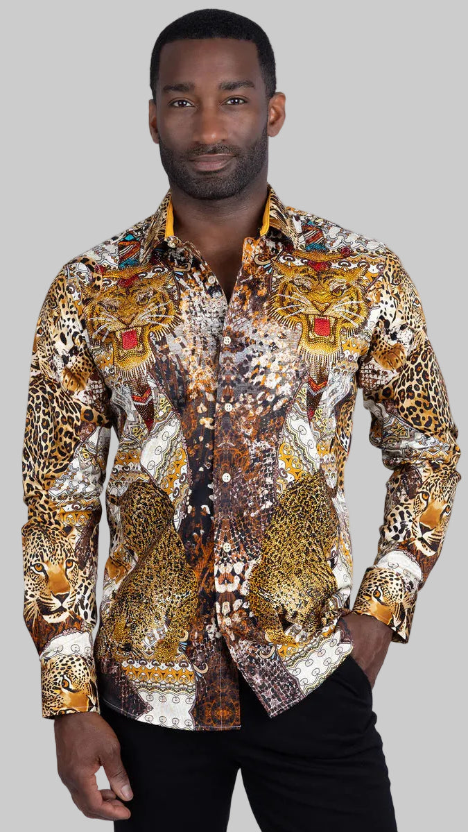 Man wearing a patterned shirt with a grey background