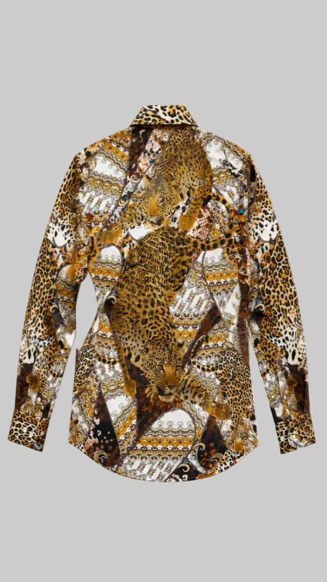 A long-sleeve button-up shirt featuring an all-over mixed print of leopard and cheetah animal patterns, tribal geometric motifs, and abstract designs in brown, black, beige, and white.