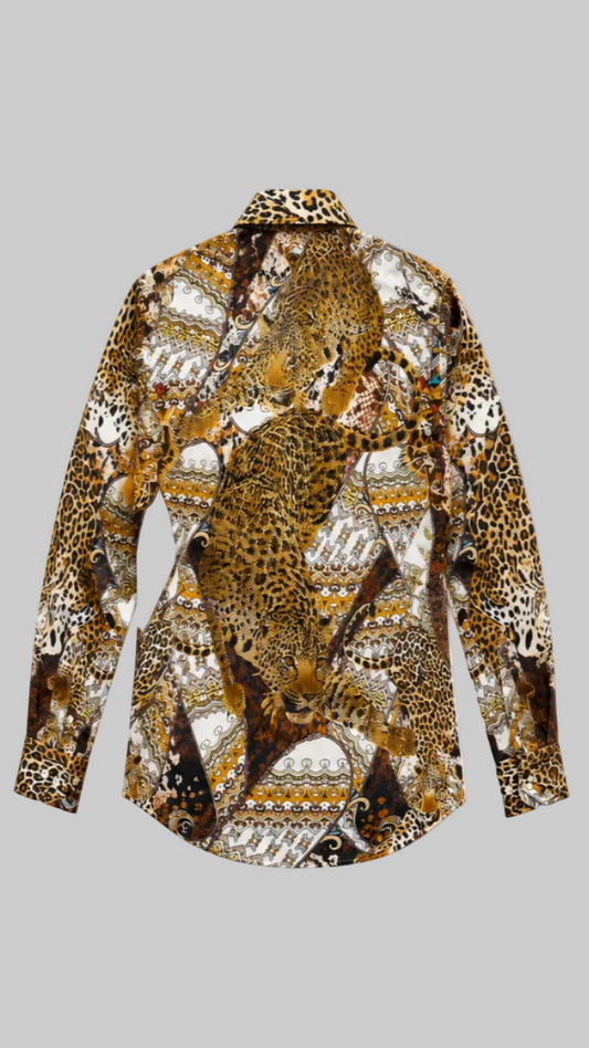 A long-sleeve button-up shirt featuring an all-over mixed print of leopard and cheetah animal patterns, tribal geometric motifs, and abstract designs in brown, black, beige, and white.
