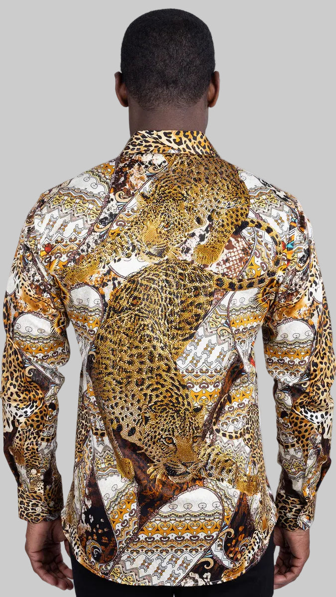 Man wearing a patterned shirt with animal designs on a light grey background
