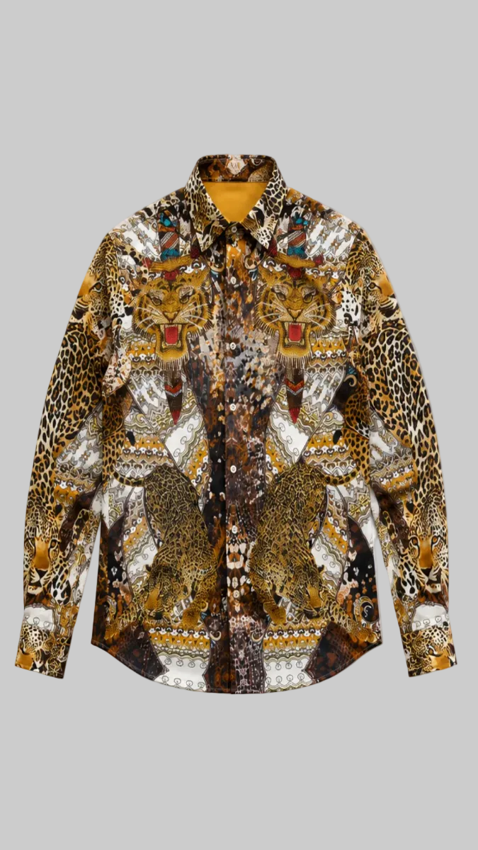 A long-sleeve button-up shirt featuring an intricate, all-over mixed-media print of leopards, lions, and tribal patterns in brown, gold, black, white, and red, displayed flat against a plain white background.