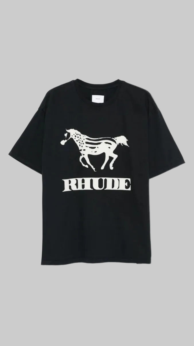 Black t-shirt with a white horse graphic and 'RHUDE' text on a white background
