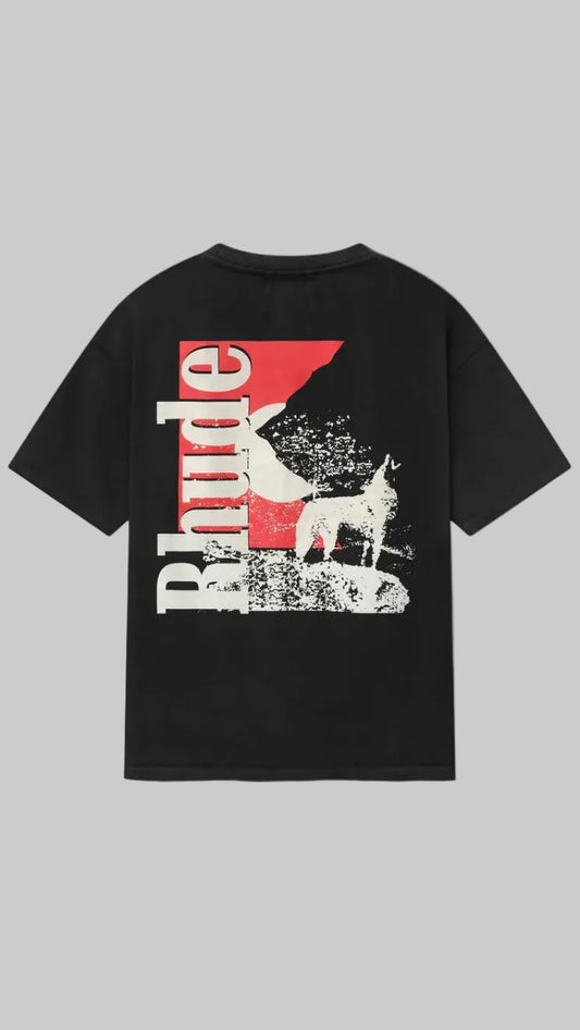 Black t-shirt with text on a white background