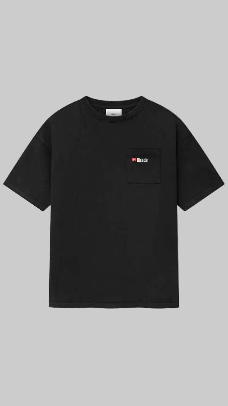 Black t-shirt with a small logo on a white background