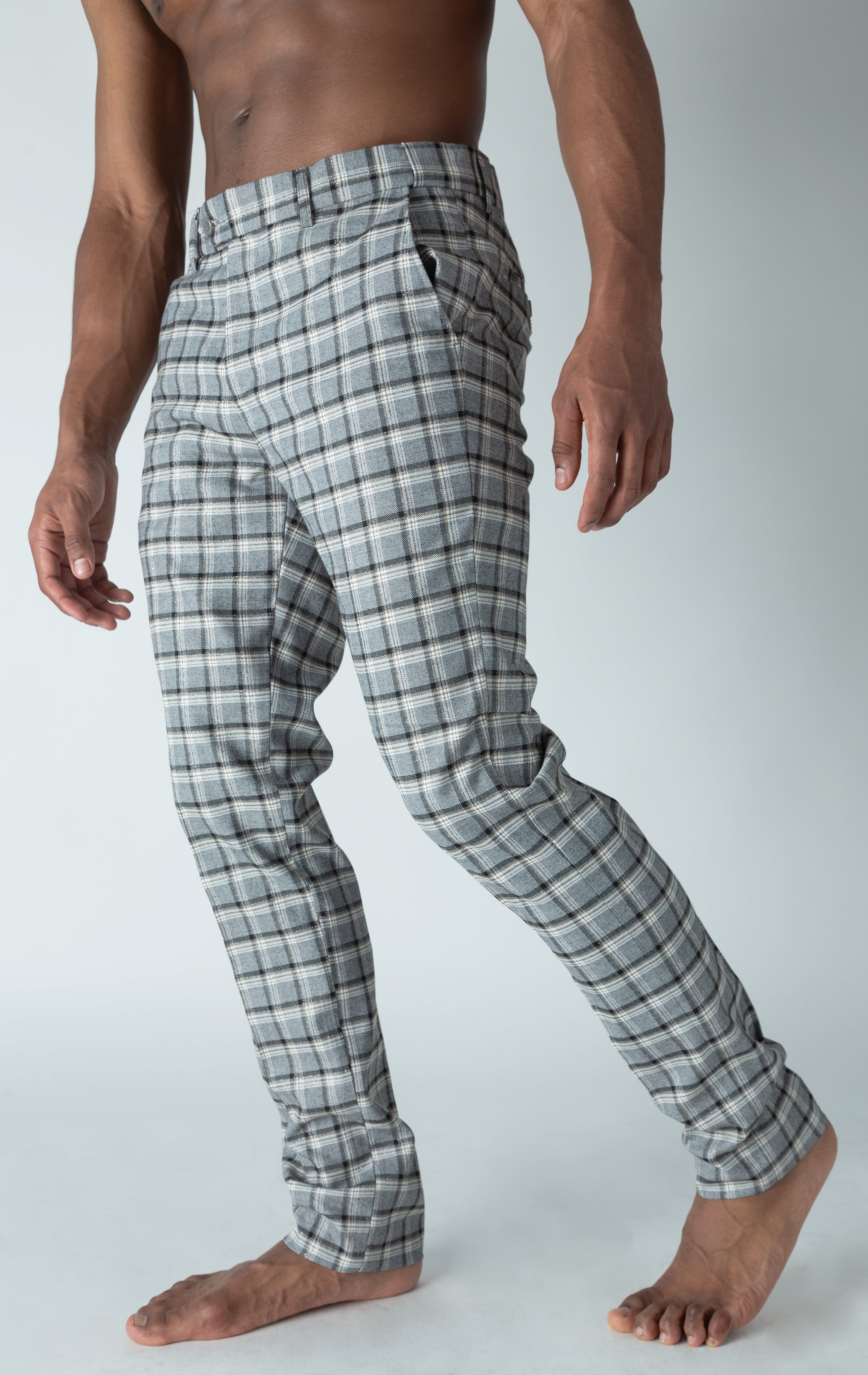 Men's grey chino pants with a checkered plaid design. The pants feature an elastic waistband for comfort and stretch, and are made from a lightweight cotton-spandex blend fabric. Inseam is 32 inches.