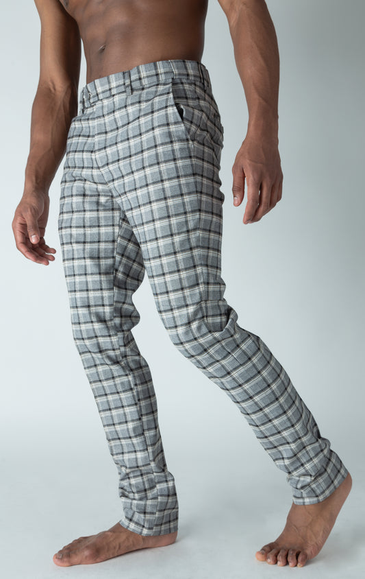 Men's grey chino pants with a checkered plaid design. The pants feature an elastic waistband for comfort and stretch, and are made from a lightweight cotton-spandex blend fabric. Inseam is 32 inches.